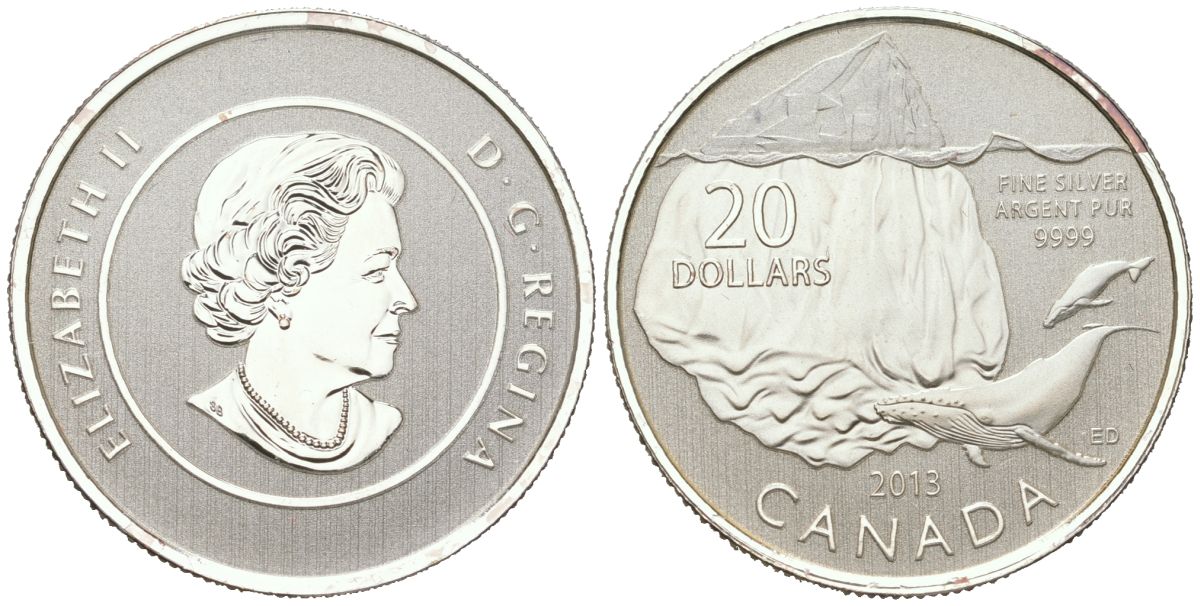 Канада 20 долларов 2013 Айсберг и кит, Елизавета II (1952-2022) KM 1512 серебро BU 11-164-42