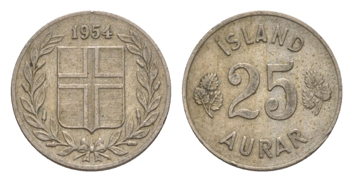 Исландия 25 эйре 1954 KM 11 медно-никель 4632-946