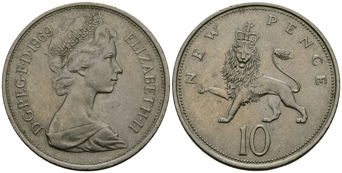 Великобритания 10 пенсов 1969 Елизавета II (1952-2022) KM 912, Spink 4231 (F1) медно-никель 4382-731