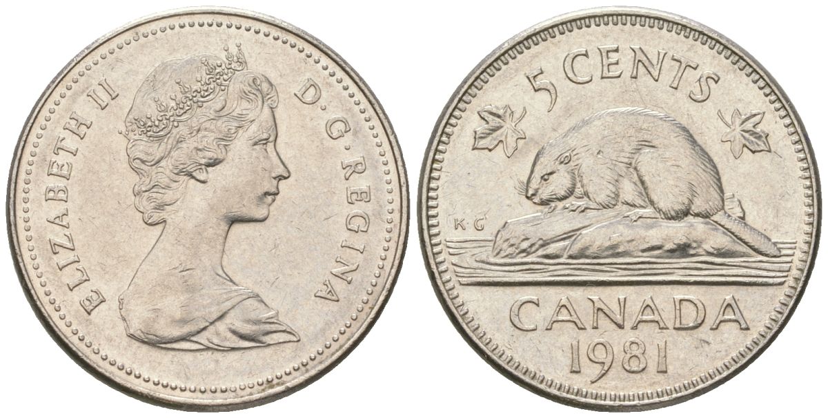 Канада 5 центов 1981 Елизавета II (1952-2022), бобр KM 60.2 никель aUNC 4617-929