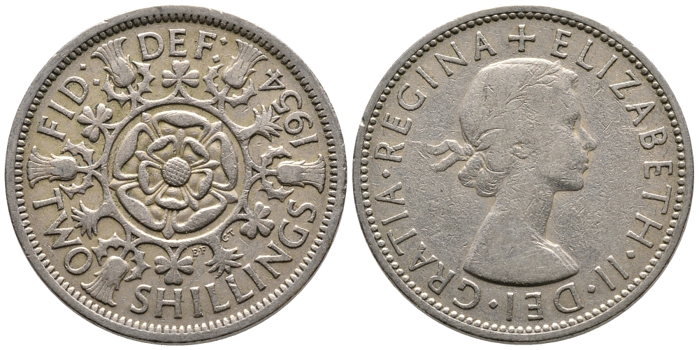 Великобритания 2 шиллинга (флорин) 1954 Елизавета II (1952-2022) KM 906, Spink 4146 медно-никель 59-1524