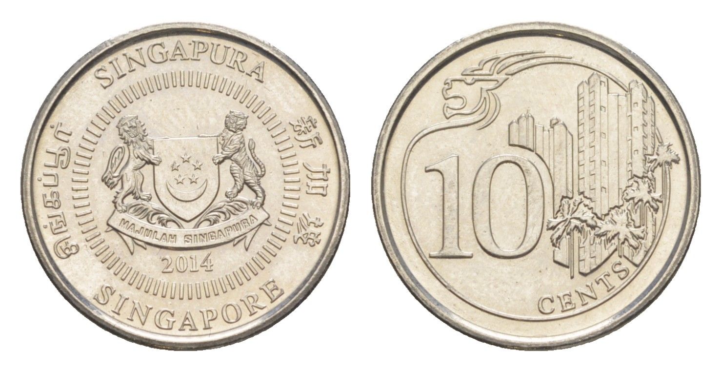 Сингапур 10 центов 2014 KM 100 медно-никель UNC 4158-252
