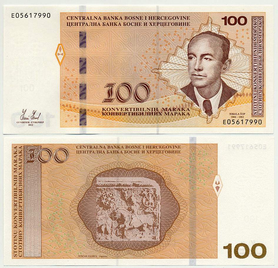 Босния и Герцеговина 100 марок 2012 латиница - кириллица, Никола Шоп (1904-1982)  Pick 86 a бумага UNC (пресс) 451-687-3