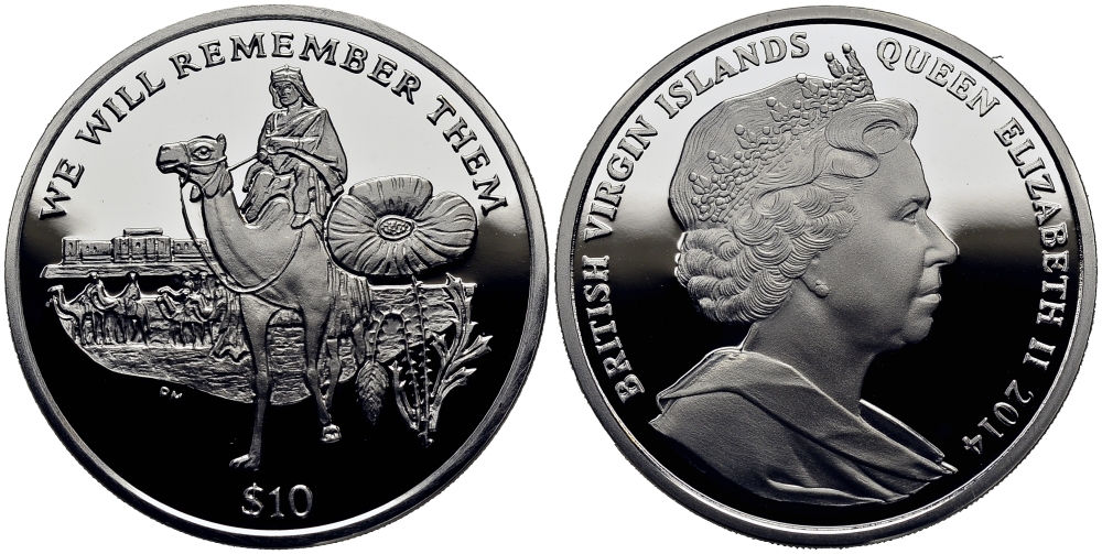 Британские Виргинские острова 10 долларов 2014 в память героев первой мировой войны, солдат верхом на верблюде KM NEW серебро  PROOF  1071-1-44