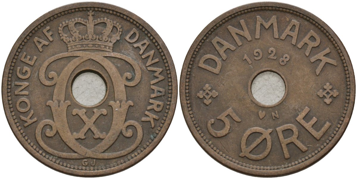 Дания 5 эре 1928 Кристиан X (1912-1947) KM 828 бронза 4148-216