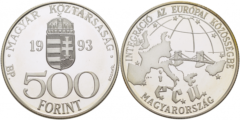 Венгрия 500 форинтов 1993 интеграция в ЕС, мост с Европой KM 704 серебро PROOF 11-171-25