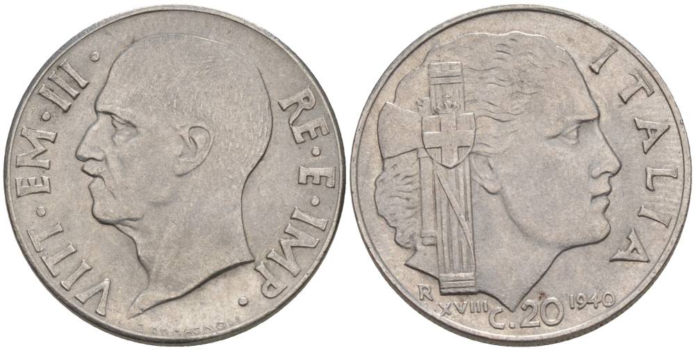 ИТАЛИЯ 20 ЧЕНТЕЗИМО 1940 R, ГОД XVIII, ВИКТОР ЭММАНУИЛ III (1900-1946), МАГНИТНАЯ, ГУРТ РИФЛЁНЫЙ KM 75b, VEM3. 1025 нержавеющая сталь 3853-452