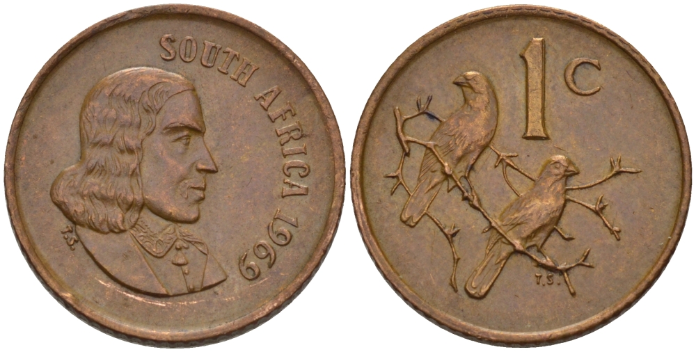 ЮАР 1 цент 1969 Ян ван Рибек (1619-1677), South Africa, легенда на английском, капские воробьи KM 65.1 бронза 66-237