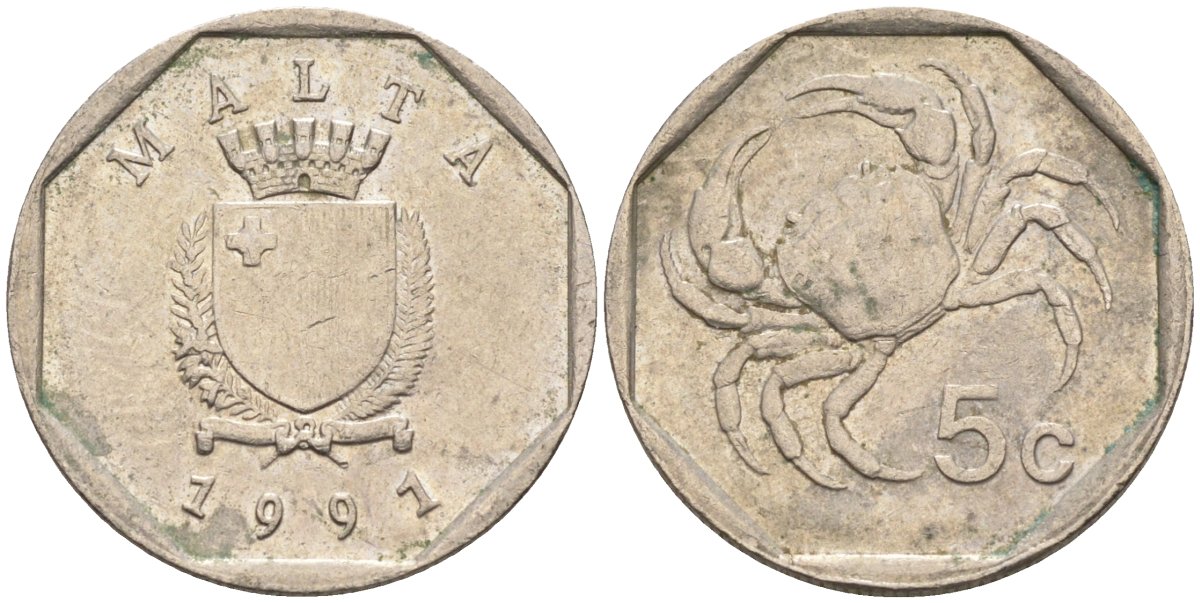 Мальта 5 центов 1991 краб KM 95 медно-никель 4387-1022
