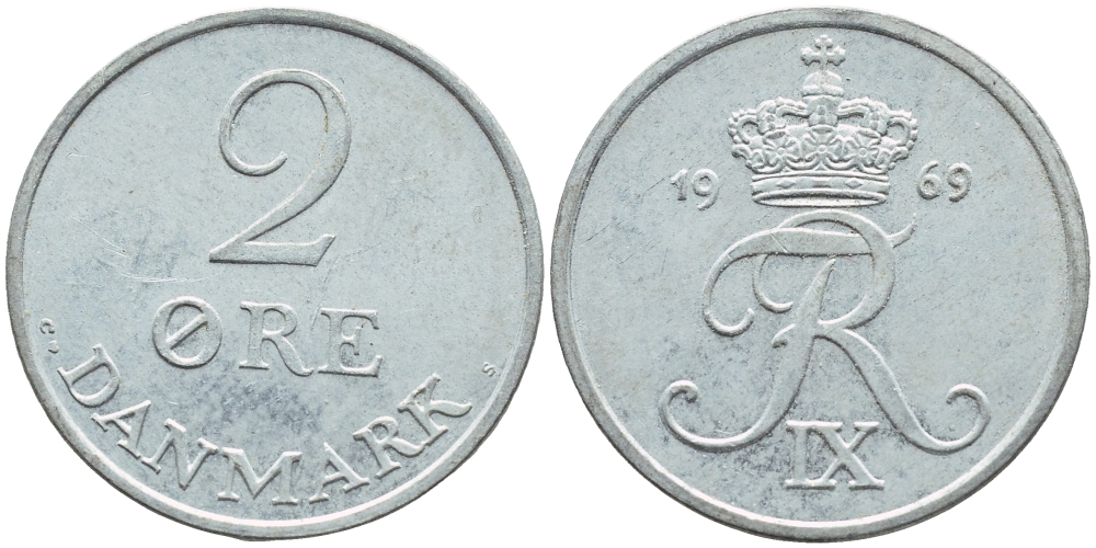 ДАНИЯ 2 ЭРЕ 1969 C; S, ФРЕДЕРИК IX (1947-1972) KM 840.2 цинк 41-1142