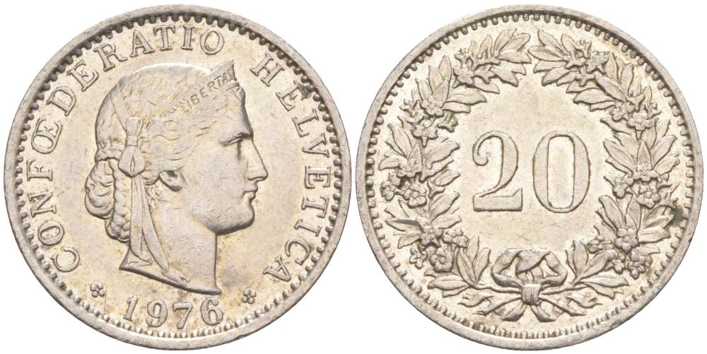 Швейцария 20 раппенов 1976 KM 29a медно-никель 55-951