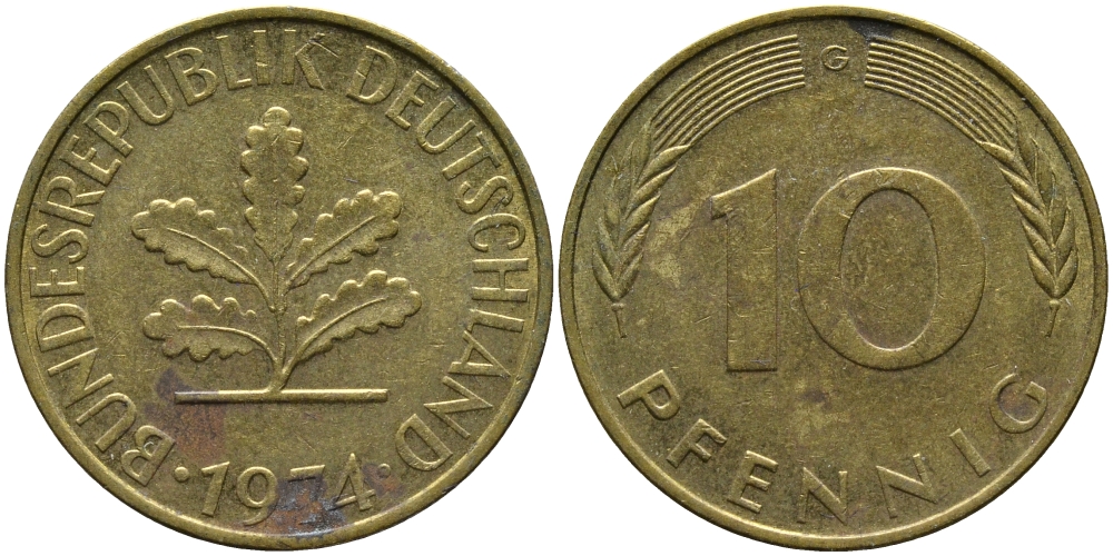 ФРГ 10 ПФЕННИГОВ 1974 G KM 108, J.383 сталь плакированная латунью 98-456
