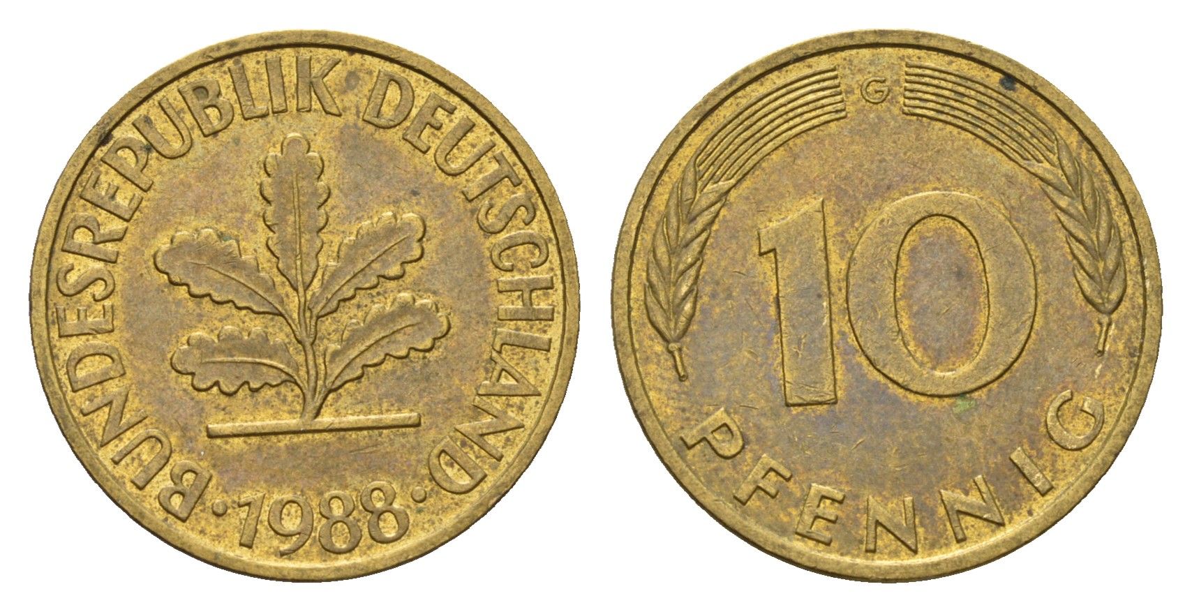 ФРГ 10 пфеннигов 1988 G KM 108, J. 383 сталь плакированная латунью 4684-1217