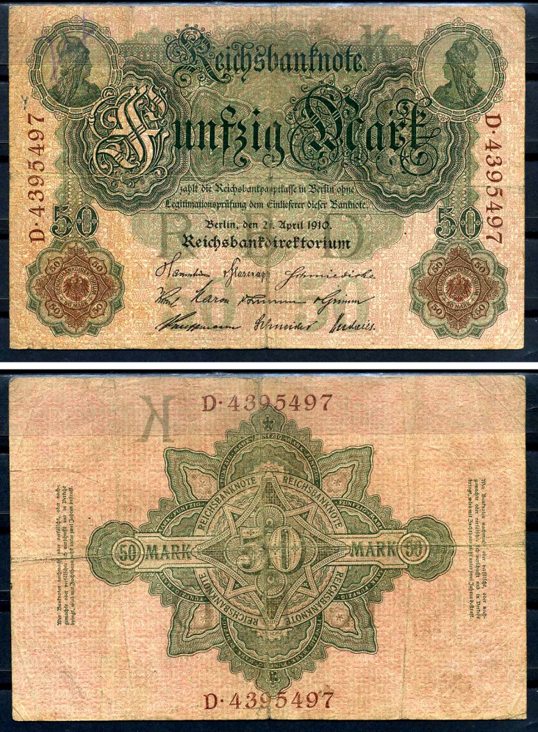 Германия 50 марок 1910 Pick 41 бумага 7523-38-2-2