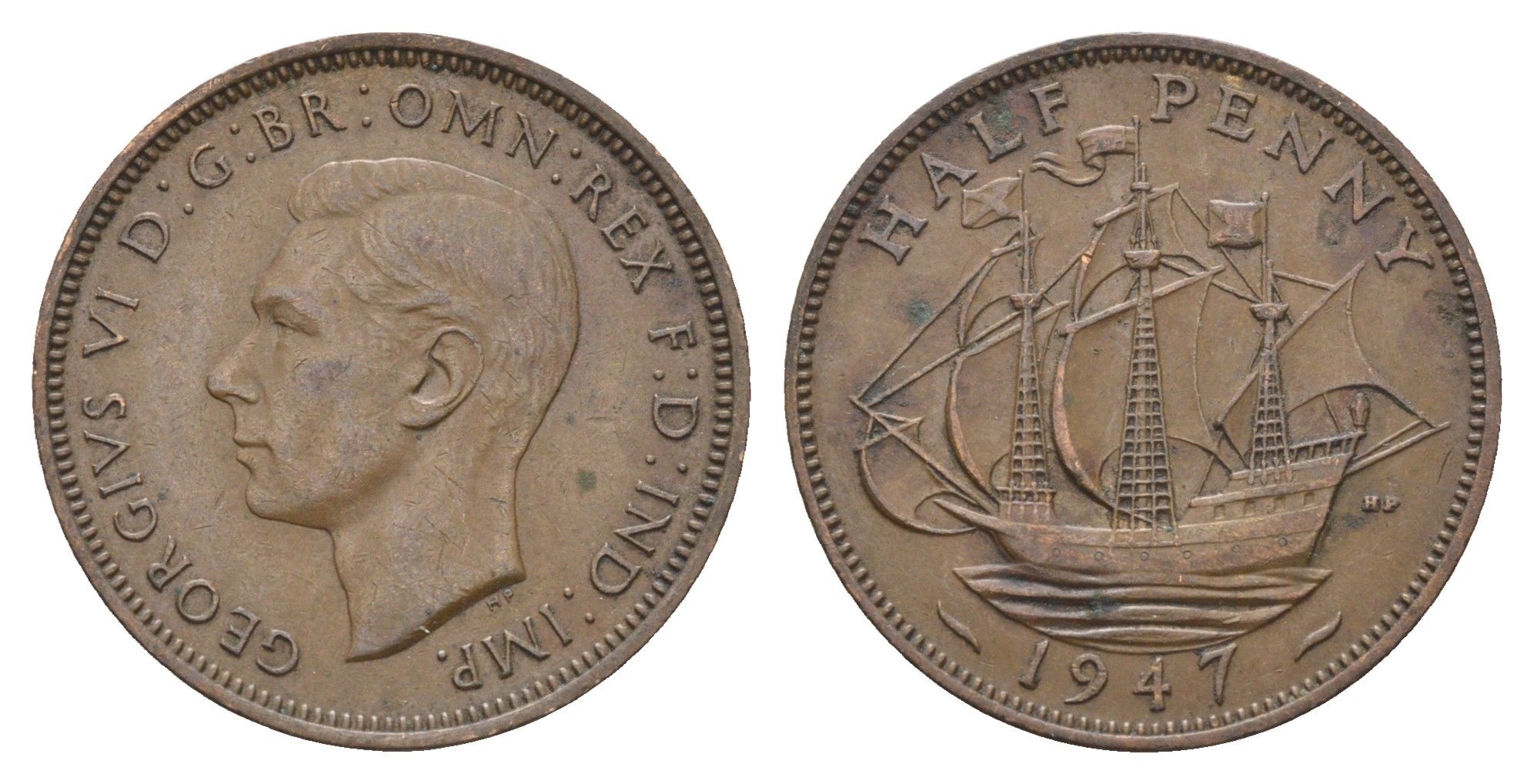 Великобритания 1/2 пенни 1947 Георг VI (1936-1952) KM 844, Spink 4115 бронза 4662-1116