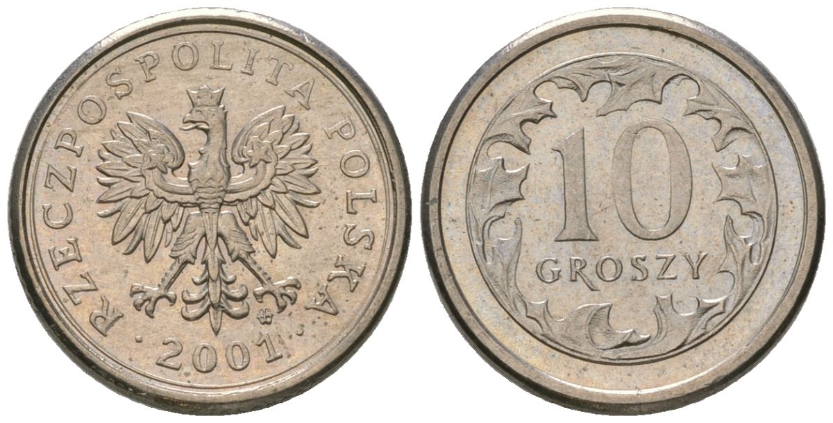 Польша 10 грошей 2001 MW KM 279, Parchimowicz 704h медно-никель UNC 4617-1212