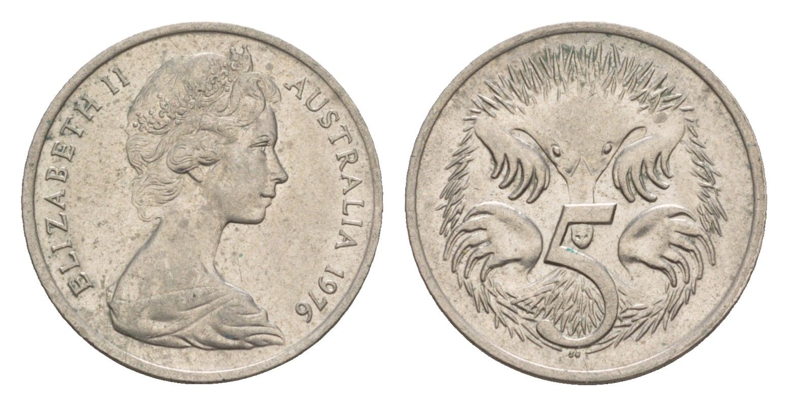Австралия 5 центов 1976 Елизавета II (1952-2022) молодой портрет, ехидна KM 64 медно-никель 4655-1262
