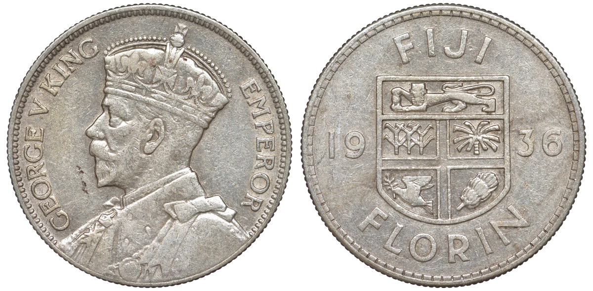 Фиджи 1 флорин 1936 Георг V (1910-1936), герб Фиджи KM 5 серебро    1531-1012