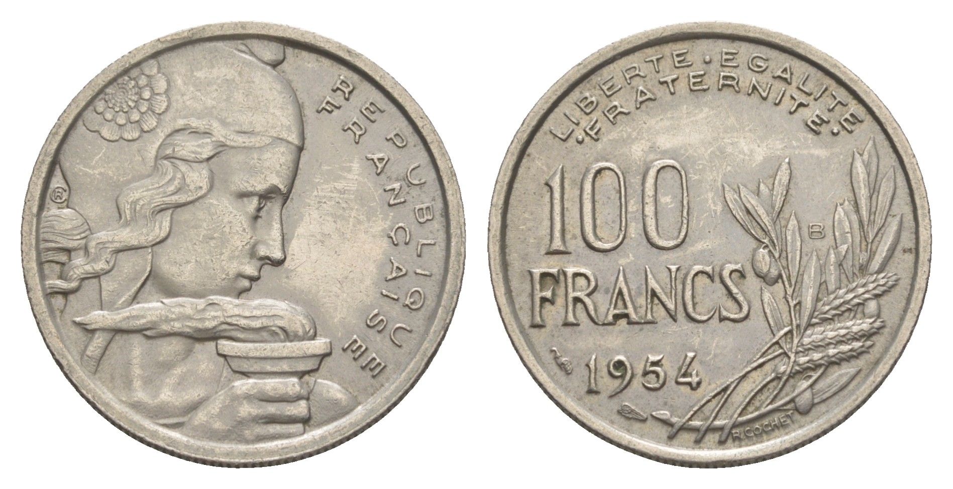 Франция 100 франков 1954 KM 919 медно-никель 4543-615