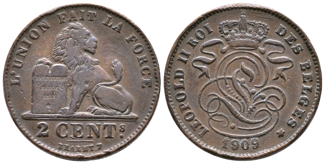 БЕЛЬГИЯ 2 САНТИМА 1909 BELGES KM 35.1 медь 4364-4132