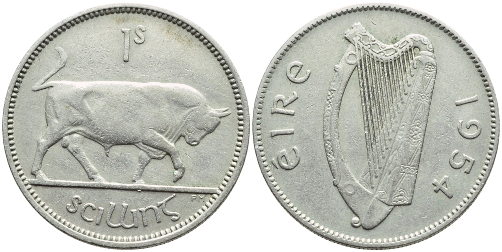 ИРЛАНДИЯ 1 ШИЛЛИНГ 1954 БЫК KM 14а медно-никель 4395-342