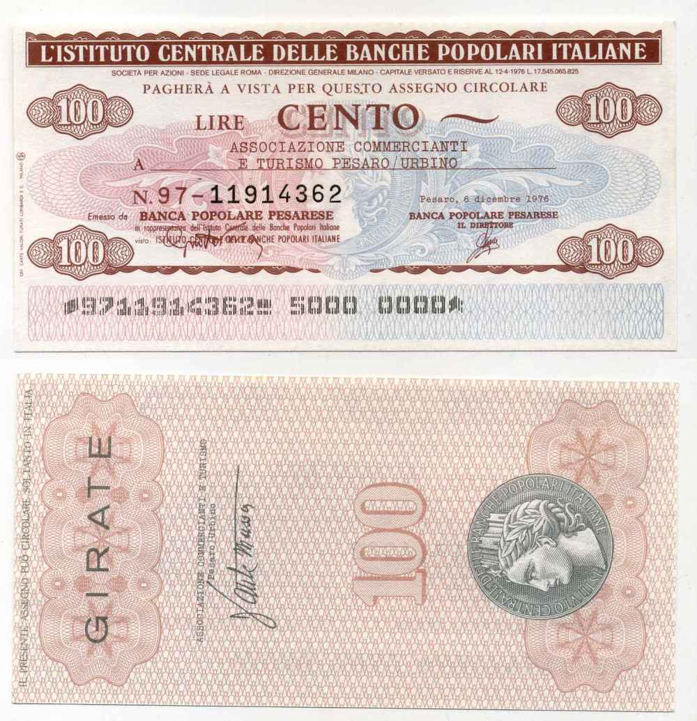 Италия чек на 100 лир 1976 Banca popoLare Di Pesarese, ассоциация торговцев и туризма PESARO/URBINO, 6 декабря 1976 бумага UNC (пресс) 8588-16-4-1