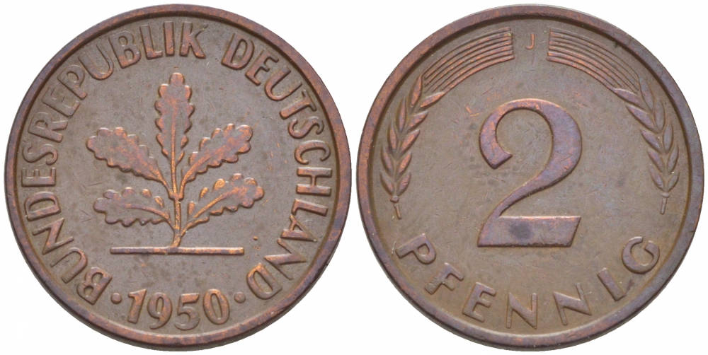 ФРГ 2 ПФЕННИГА 1950 J KM 106, J. 381 бронза 3955-614