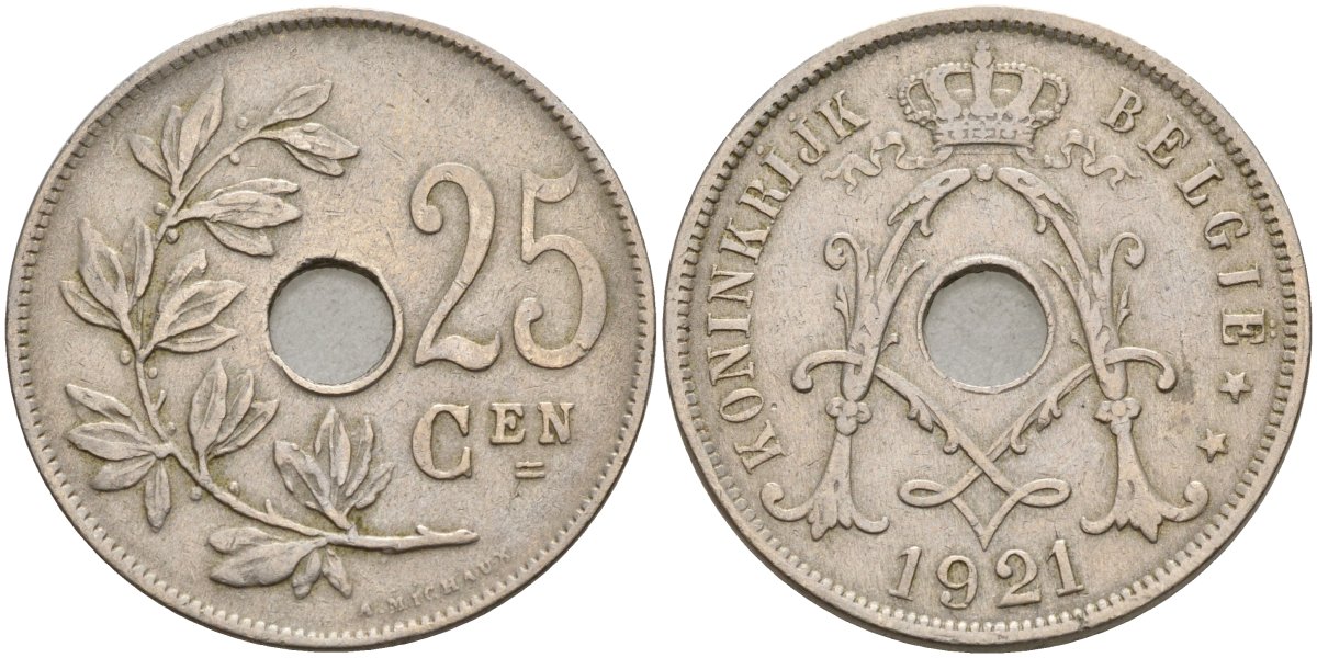 Бельгия 25 сантимов 1921 BELGIE KM 69 медно-никель 4143-551