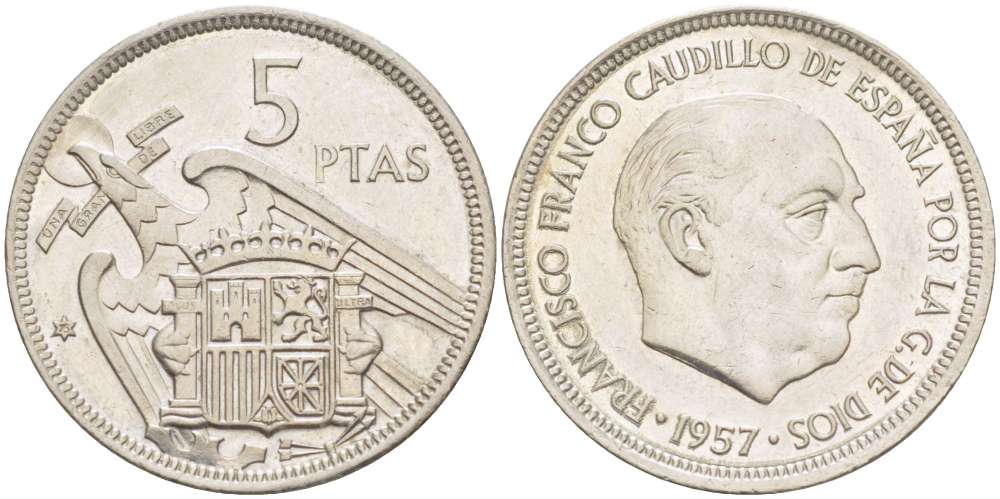 Испания 5 песет 1957 (75) Франциско Франко (1939-1975) KM 786 медно-никель 4519-925