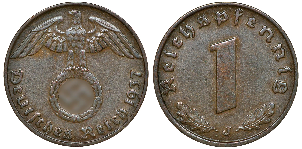 ГЕРМАНИЯ 1 РЕЙХСПФЕННИГ 1937 J J 361, KM 89 бронза 72-1622