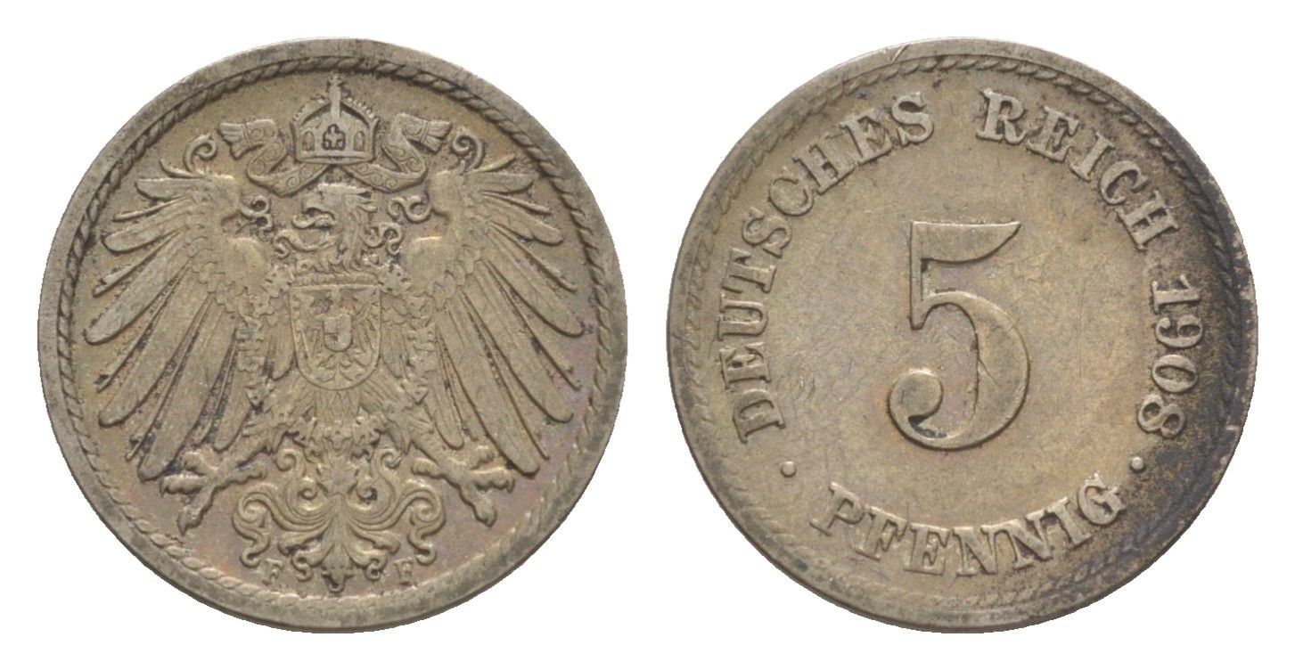 Германия 5 пфеннигов 1908 F, Вильгельм II (1888-1918) KM 11, J. 12 медно-никель 4640-127