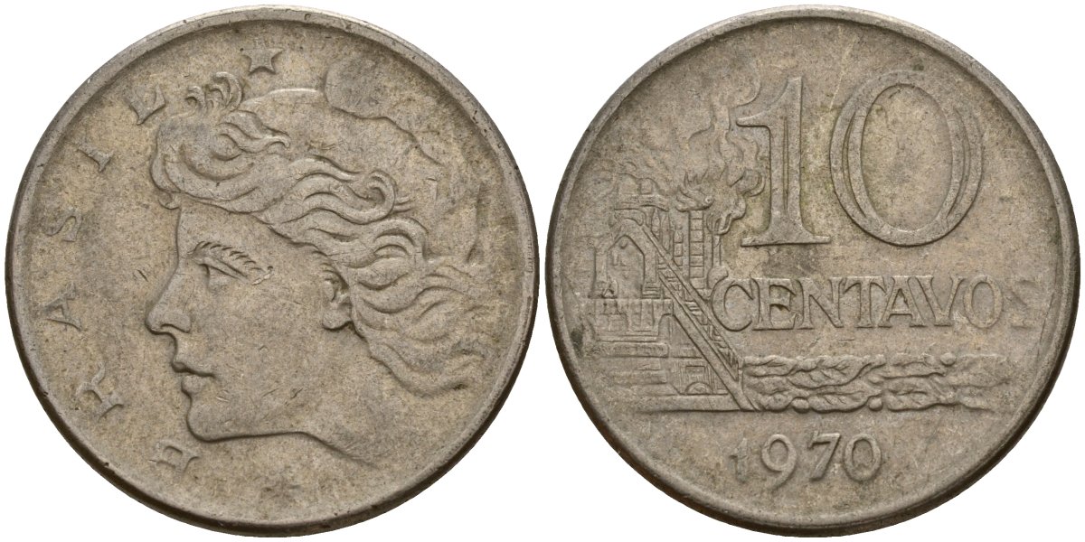 Бразилия 10 сентаво 1970 KM 578 медно-никель 4156-456