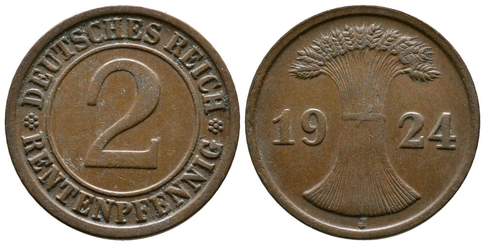 ГЕРМАНИЯ 2 РЕНТЕНПФЕННИГА 1924 J KM 31, J.307 бронза 93-626
