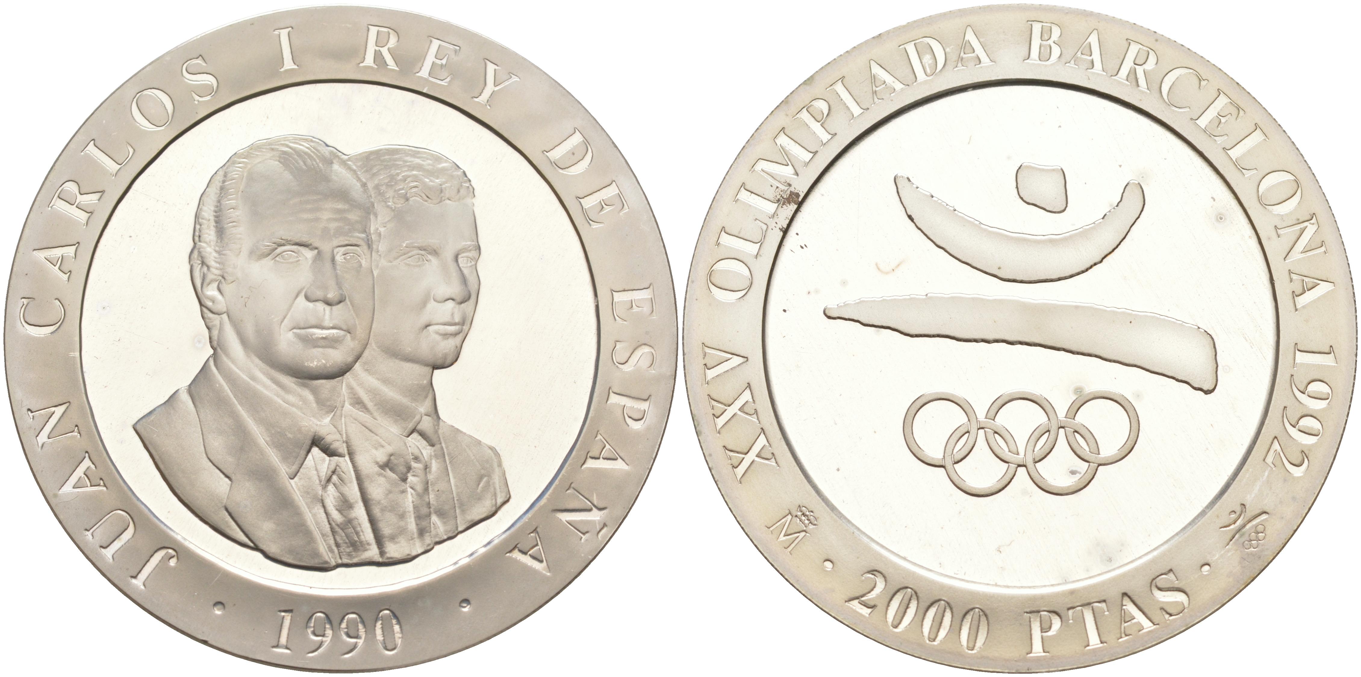 Испания 2000 песет 1990 XXV летние Олимпийские игры 1992 года в Барселоне, символика, олимпийские кольца KM 859 серебро PROOF 1072-8-42