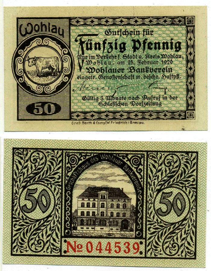 Вохлау 50 пфеннигов 1920 25 Февраля 1920, нотгельд, земля Силезия Tie:8050.10.05 бумага 2195-40-3-1