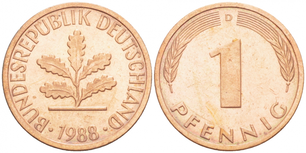ФРГ 1 ПФЕННИГ 1988 D KM 105, J.380 сталь плакированная медью 3718-234