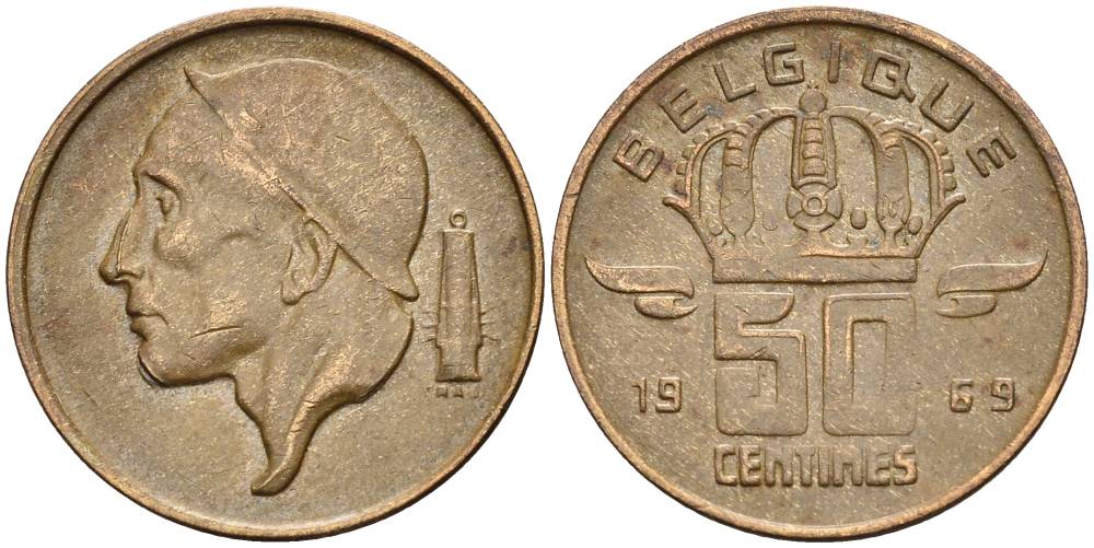 БЕЛЬГИЯ 50 САНТИМОВ 1969 BELGIQUE KM 148.1 бронза 4528-922