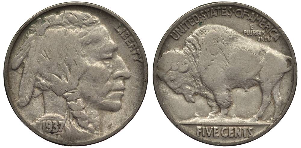 США 5 ЦЕНТОВ 1937 ИНДЕЕЦ, БИЗОН KM 134 медно-никель 27-713