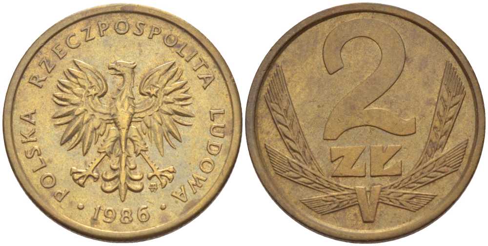 ПОЛЬША 2 ЗЛОТЫХ 1986 MW KM 80.1 латунь 76-755