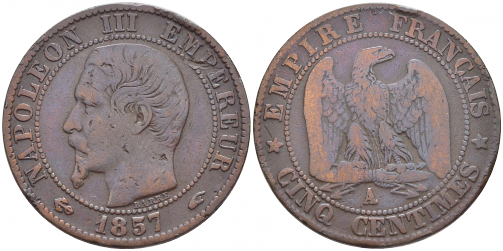 ФРАНЦИЯ 5 САНТИМОВ 1857 A, НАПОЛЕОН III (1852-1870) KM 777.1, LE FRANC 116.37 бронза 4448-116