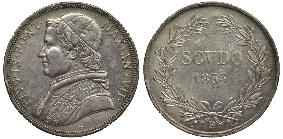 Ватикан 1 скудо 1853 папа Пий IX, реставрация KM 1336.2 серебро 00-000-00