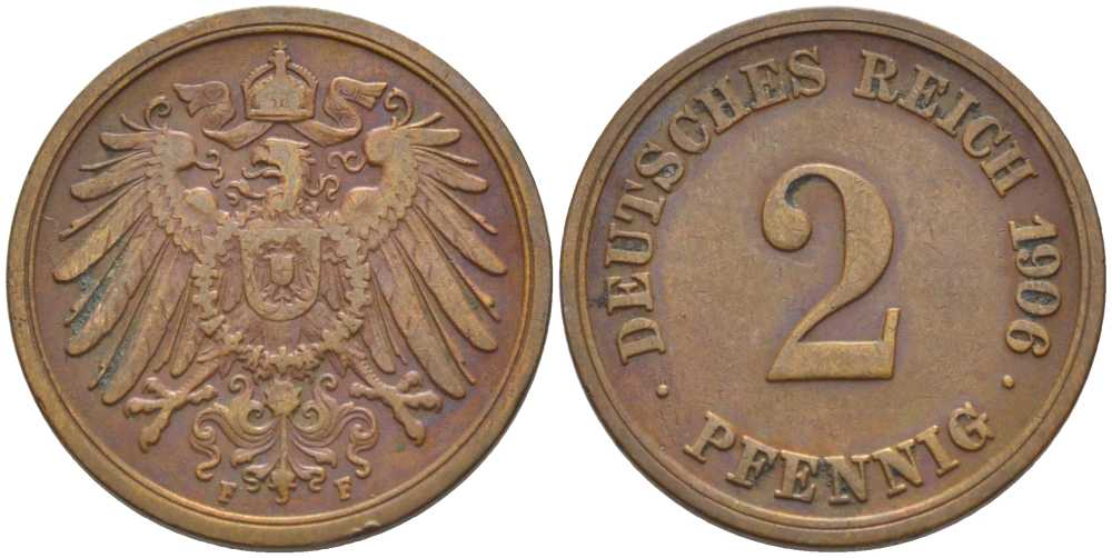 ГЕРМАНИЯ 2 ПФЕННИГА 1906 F KM 16, J. 11, Weege 4 медь 206-526