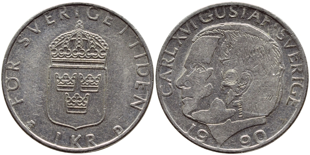 Швеция 1 крона 1990 Карл XVI Густав (1973- ) KM 852a медно-никель 4398-1234