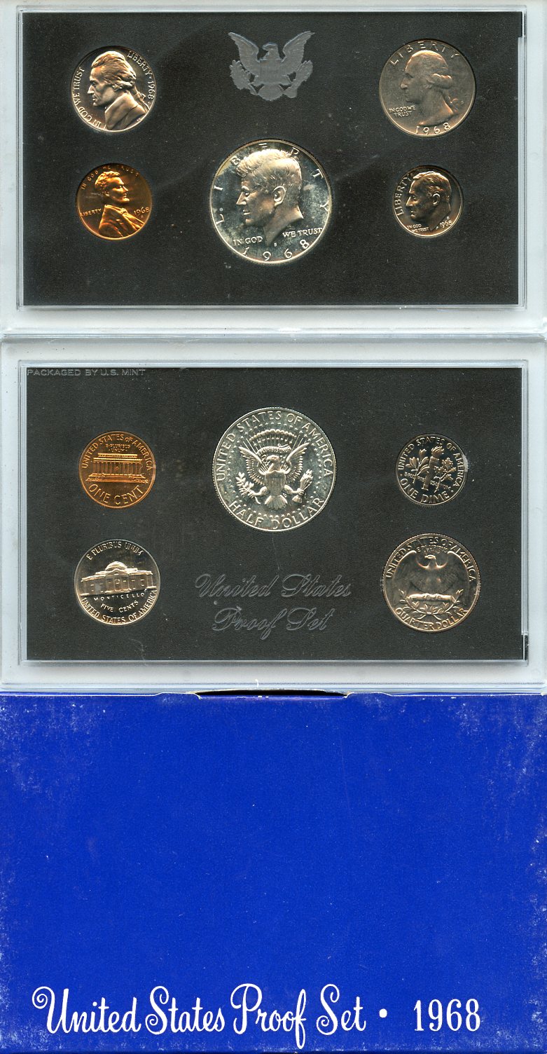 США официальный набор из 5 монет, в пластике 1968 S, Джон Кеннеди, в твердом пластике KM PS 126 серебро  PROOF  8-2-03-02