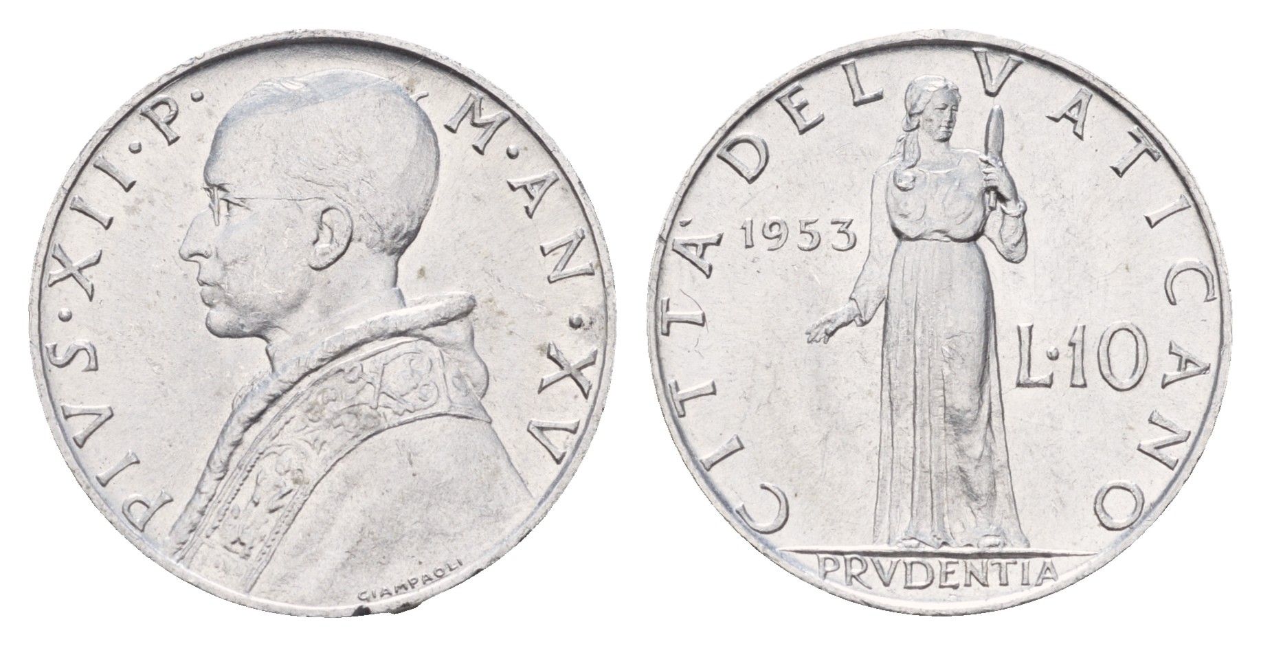 Ватикан 10 лир 1953 Пий XII KM 52 алюминий UNC 87-1242