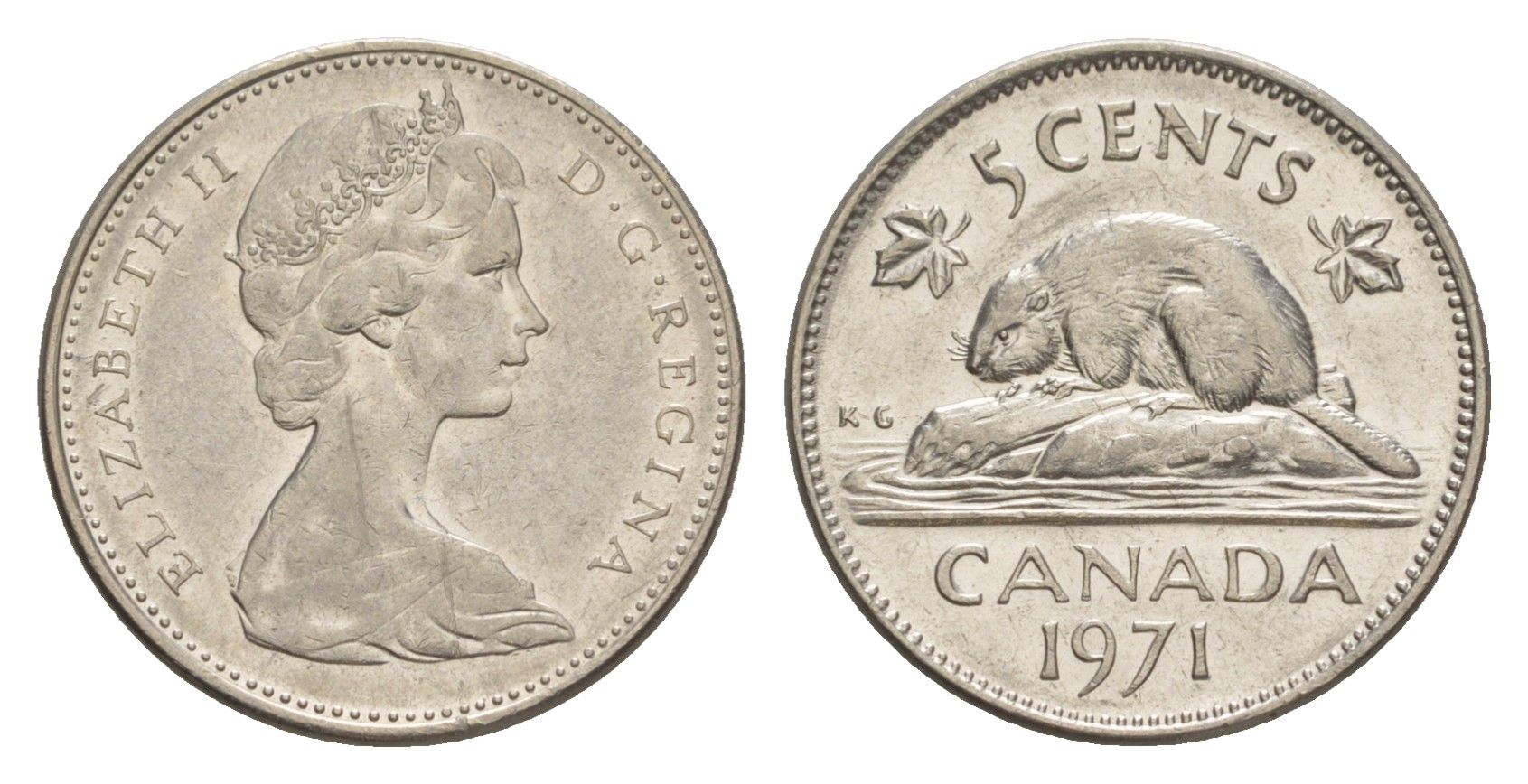 Канада 5 центов 1971 Елизавета II (1952-2022), бобр KM 60.1 никель 4639-456