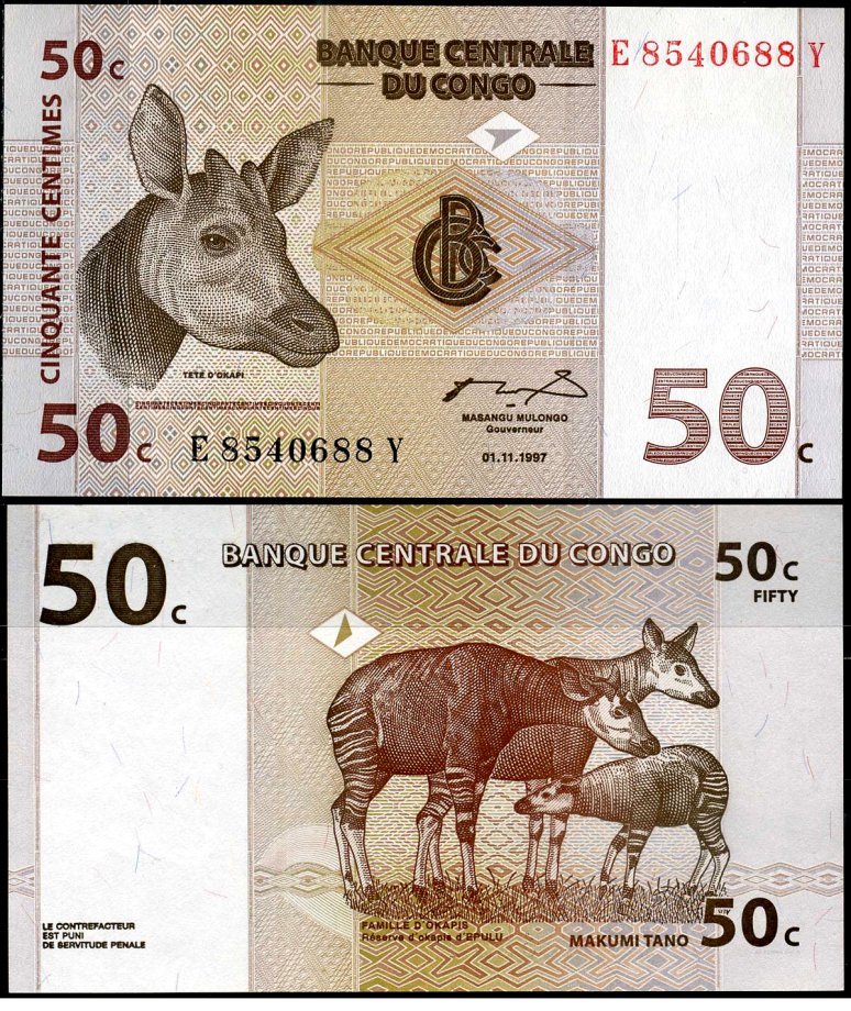 ДР Конго 50 сантимов 1997 окапи, резервация Эпулу Pick 84 a бумага UNC (пресс) 7183-36-4-2