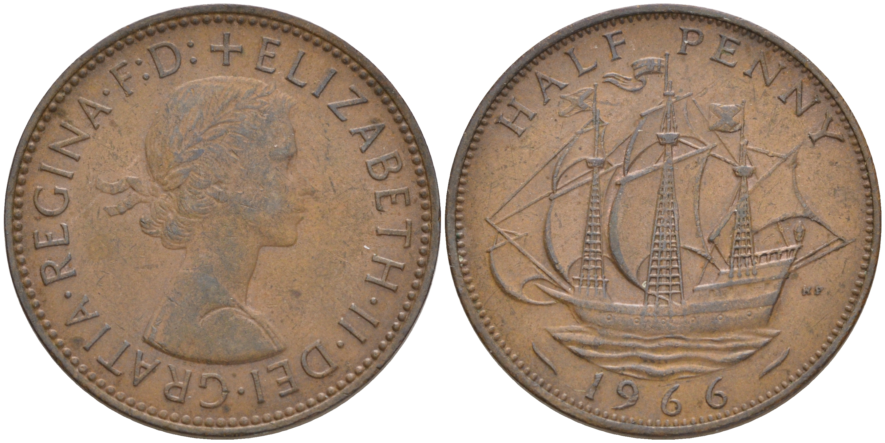 Великобритания 1/2 пенни 1966 Елизавета II (1952-2022) KM 896, Spink 4158 бронза 4561-536