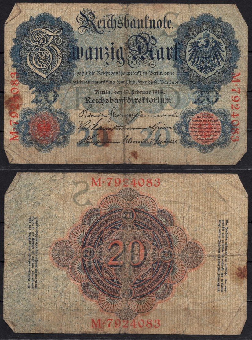 Германия 20 марок 1914 Pick 46b бумага 6293-59-2-2