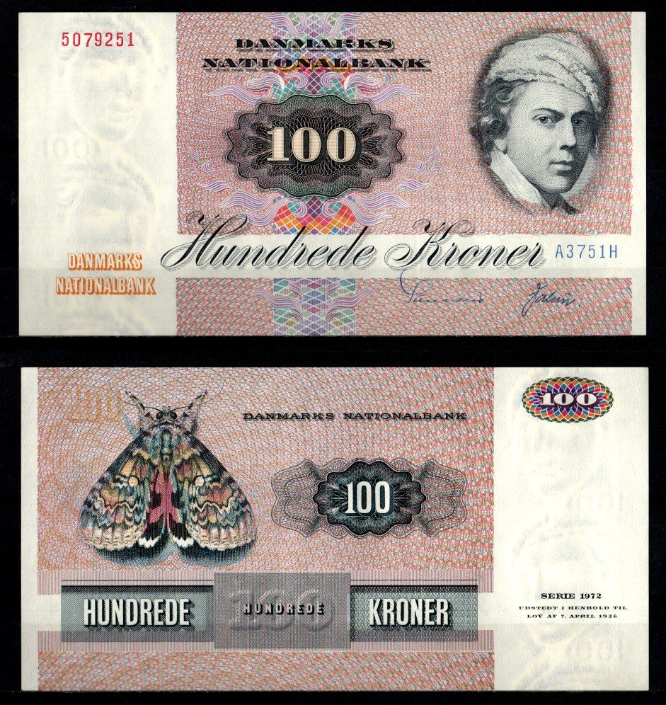 Дания 100 крон 1978 Йенс Юэль. Красная бабочка Pick 51 e бумага 451-1230-1